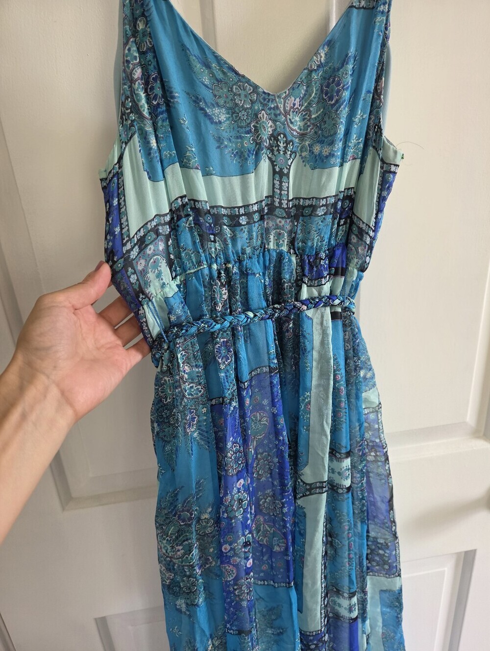 Blue Silk beaded maxi dress gown with waist tie patchwork boho stretch waist 4 - Picture 9 of 16